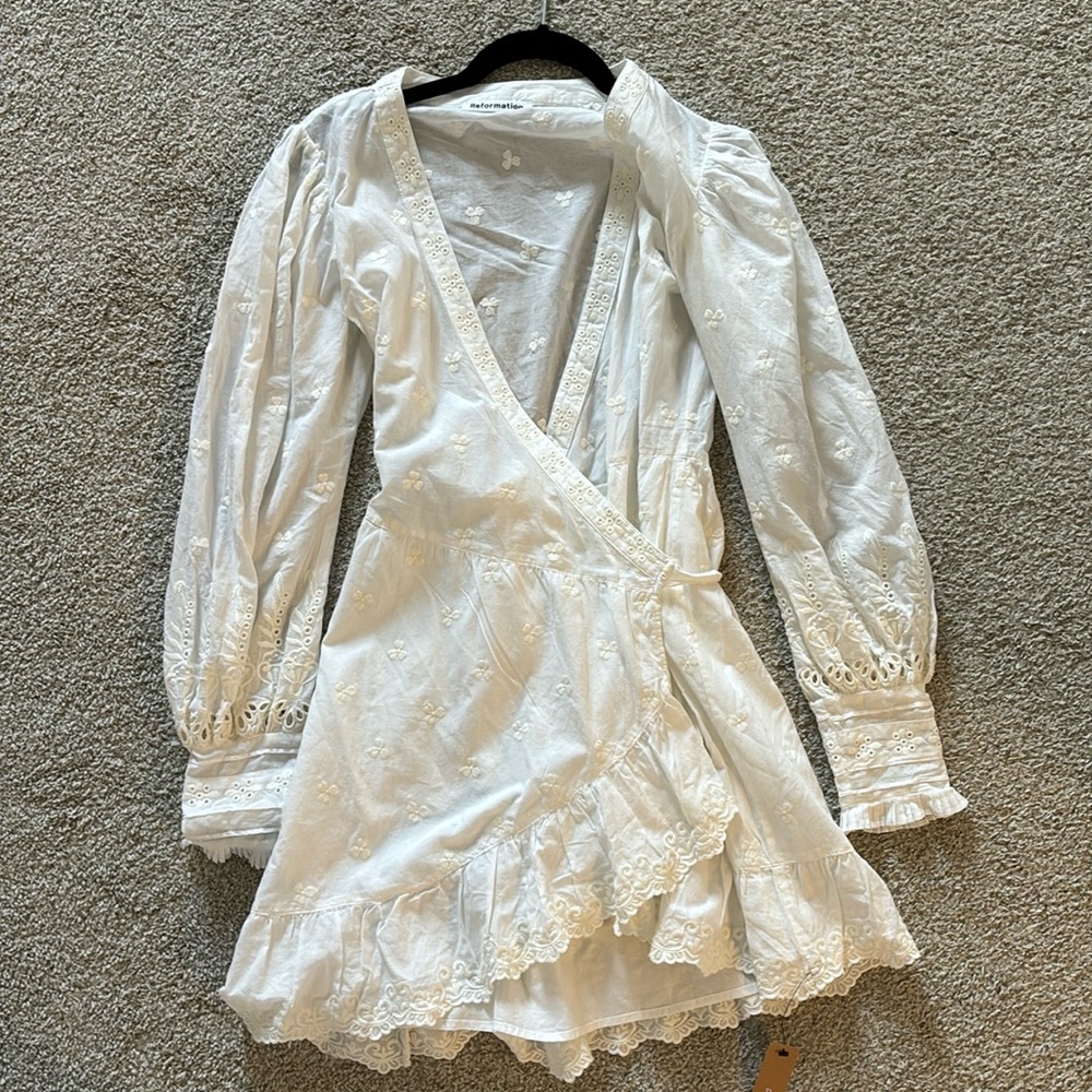 White Reformation embroidered wrap mini dress